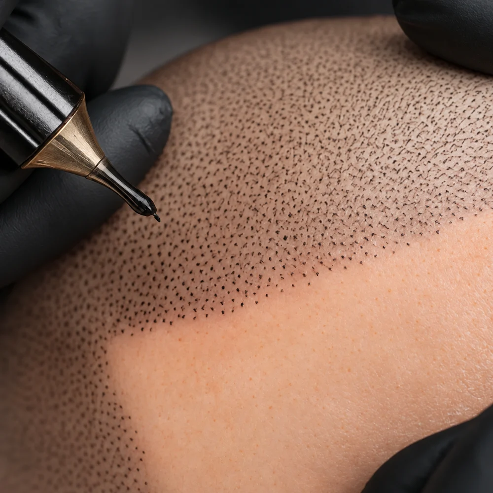 Close-up of scalp micropigmentation training with a rotary pen